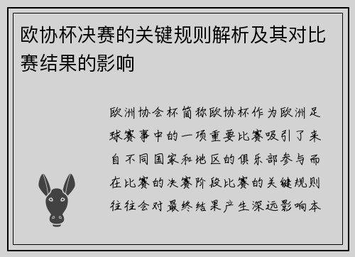 欧协杯决赛的关键规则解析及其对比赛结果的影响