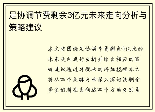 足协调节费剩余3亿元未来走向分析与策略建议